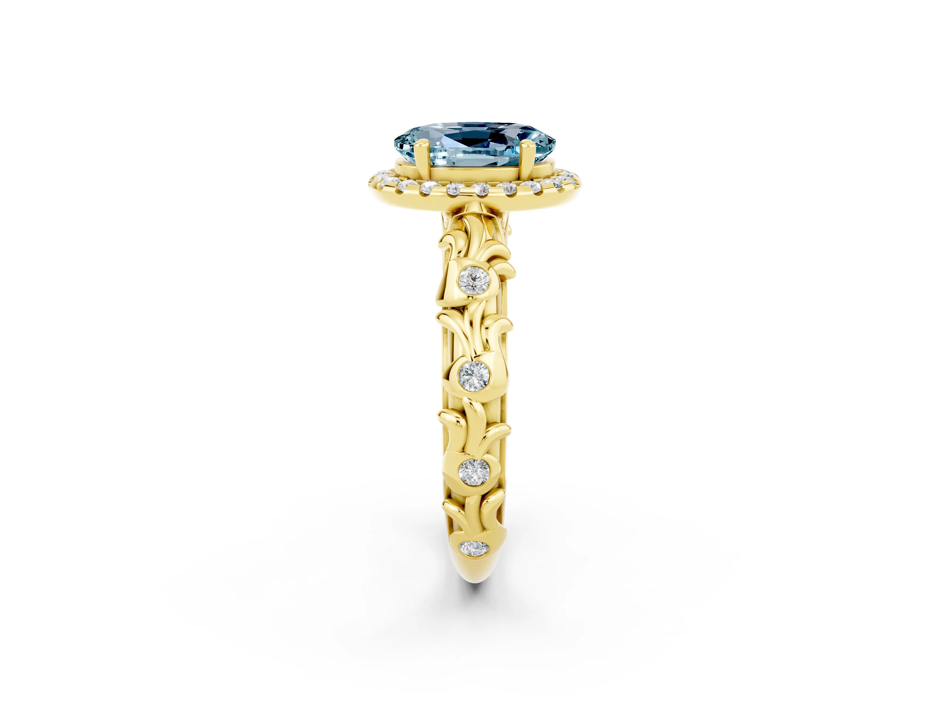 Yellow gold Oval Cut Halo Diamond Solitaire with Filigree Band and Four-Prong Setting_2