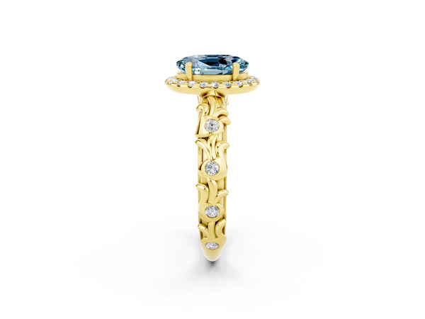 Yellow gold Oval Cut Aquamarine Halo Ring with Filigree Band and Prong Setting