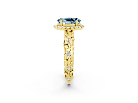 Yellow gold Oval Cut Halo Diamond Solitaire with Filigree Band and Four-Prong Setting_2
