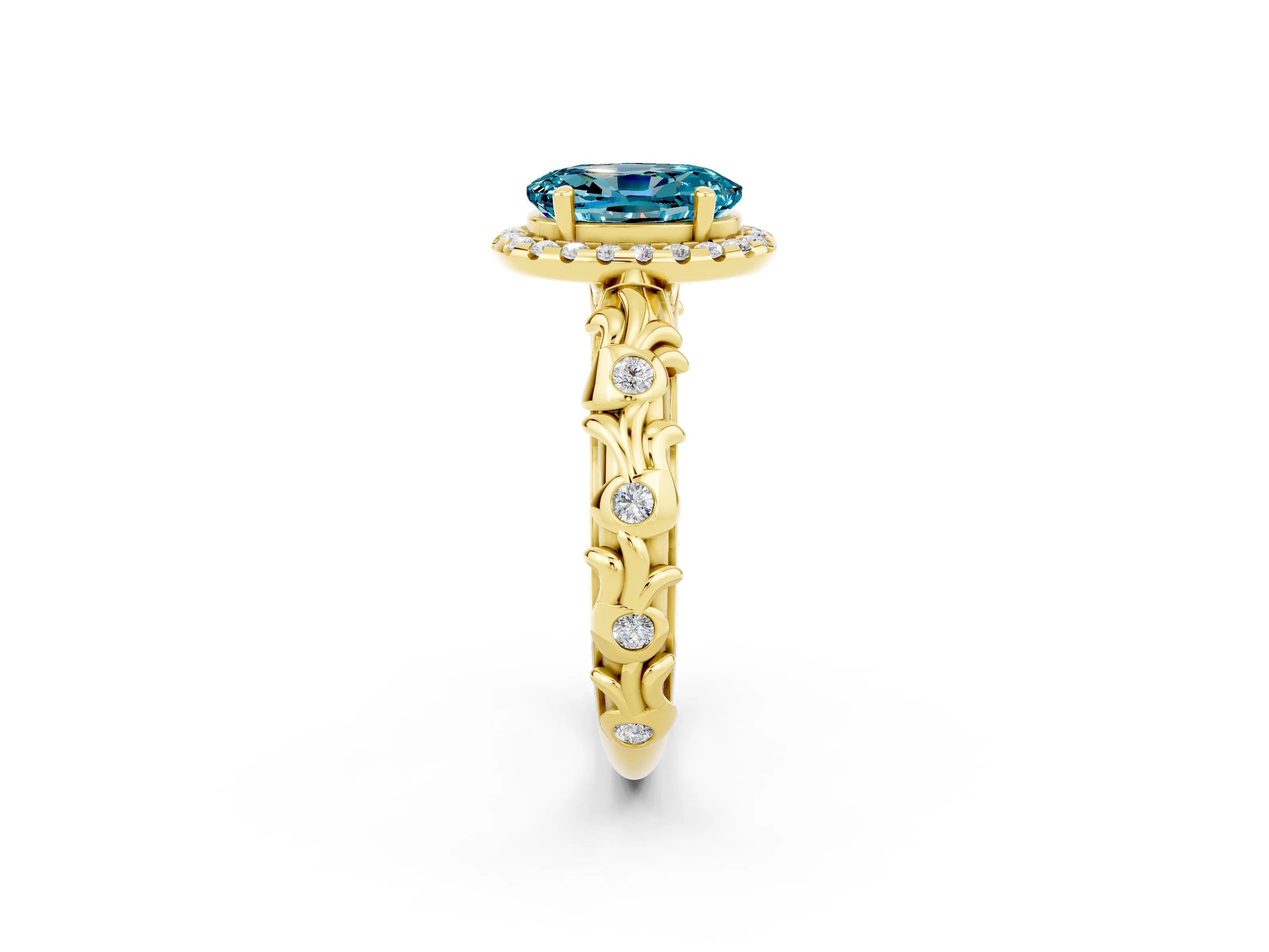 Yellow gold Oval Cut Halo Diamond Solitaire with Filigree Band and Four-Prong Setting_2