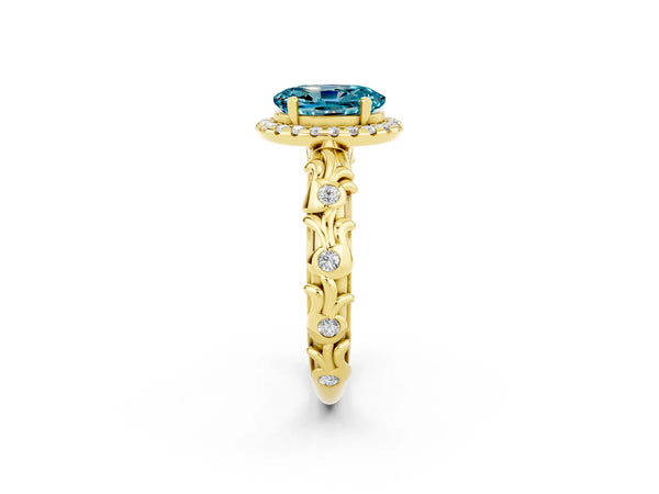 Yellow gold Oval Cut Halo Diamond Solitaire with Filigree Band and Four-Prong Setting