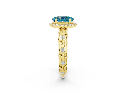 Yellow gold Oval Cut Halo Diamond Solitaire with Filigree Band and Four-Prong Setting_2