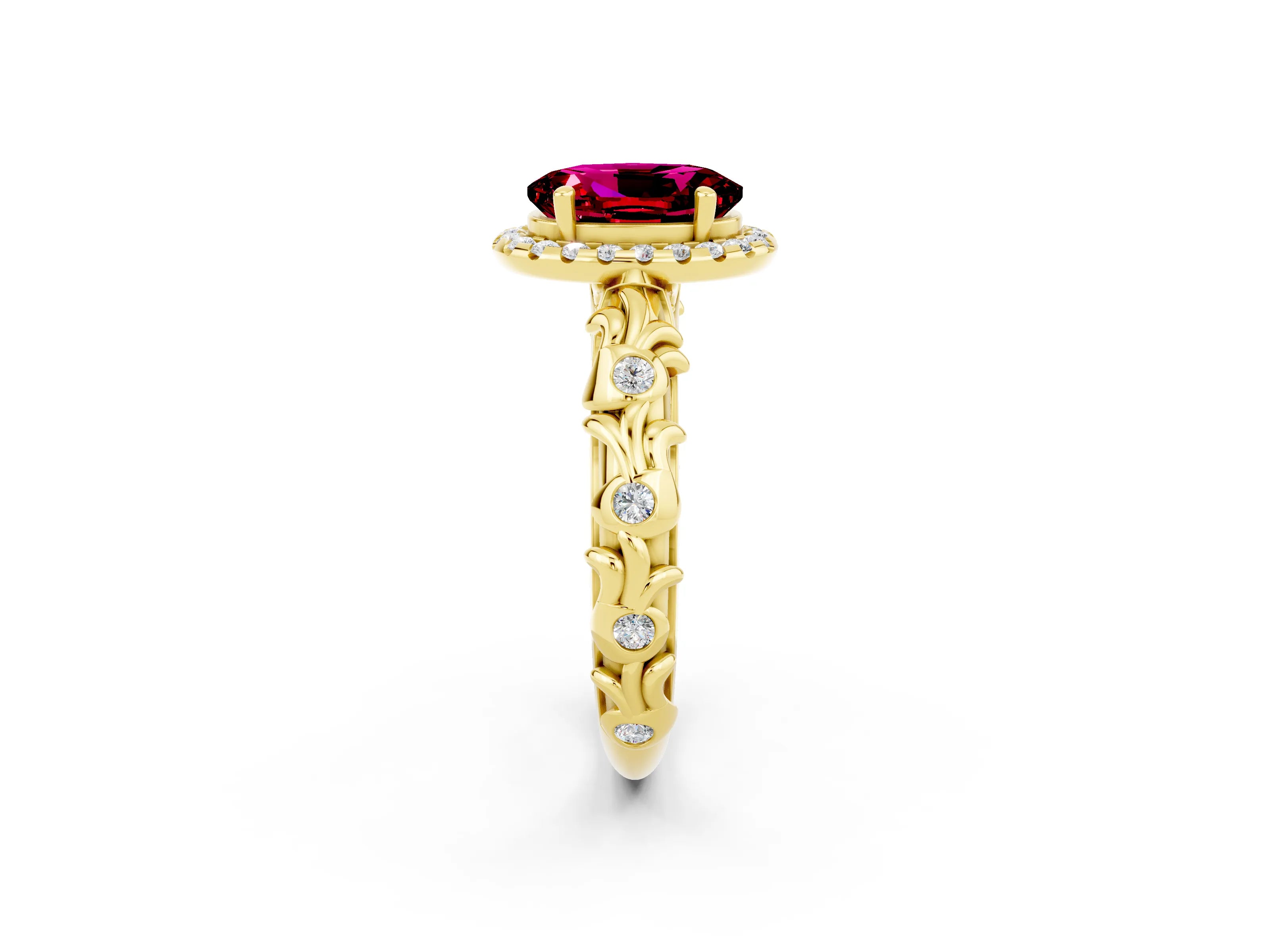 Yellow gold Oval Cut Halo Diamond Solitaire with Filigree Band and Four-Prong Setting_2