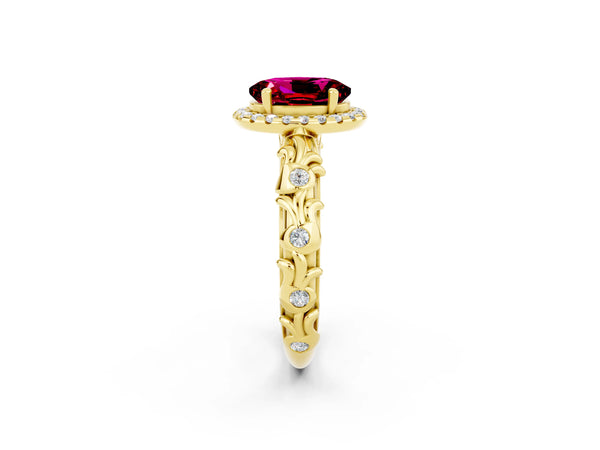 Yellow gold Oval Cut Garnet Halo Ring with Filigree Band and Prong Setting