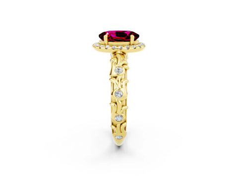 Yellow gold Oval Cut Halo Diamond Solitaire with Filigree Band and Four-Prong Setting_2