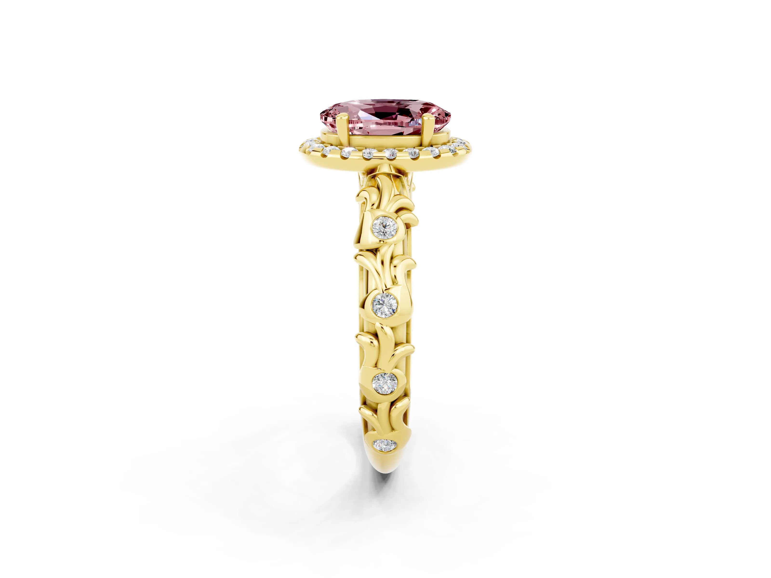 Yellow gold Oval Cut Halo Diamond Solitaire with Filigree Band and Four-Prong Setting_2