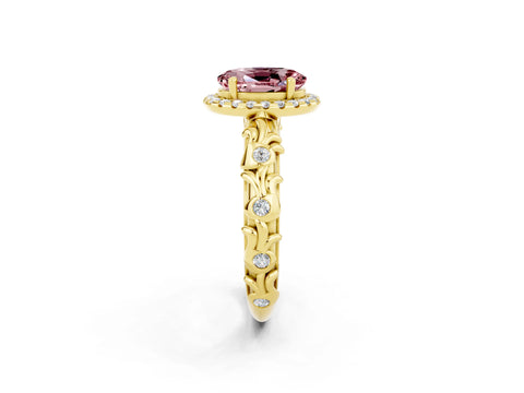 Yellow gold Oval Cut Halo Diamond Solitaire with Filigree Band and Four-Prong Setting_2