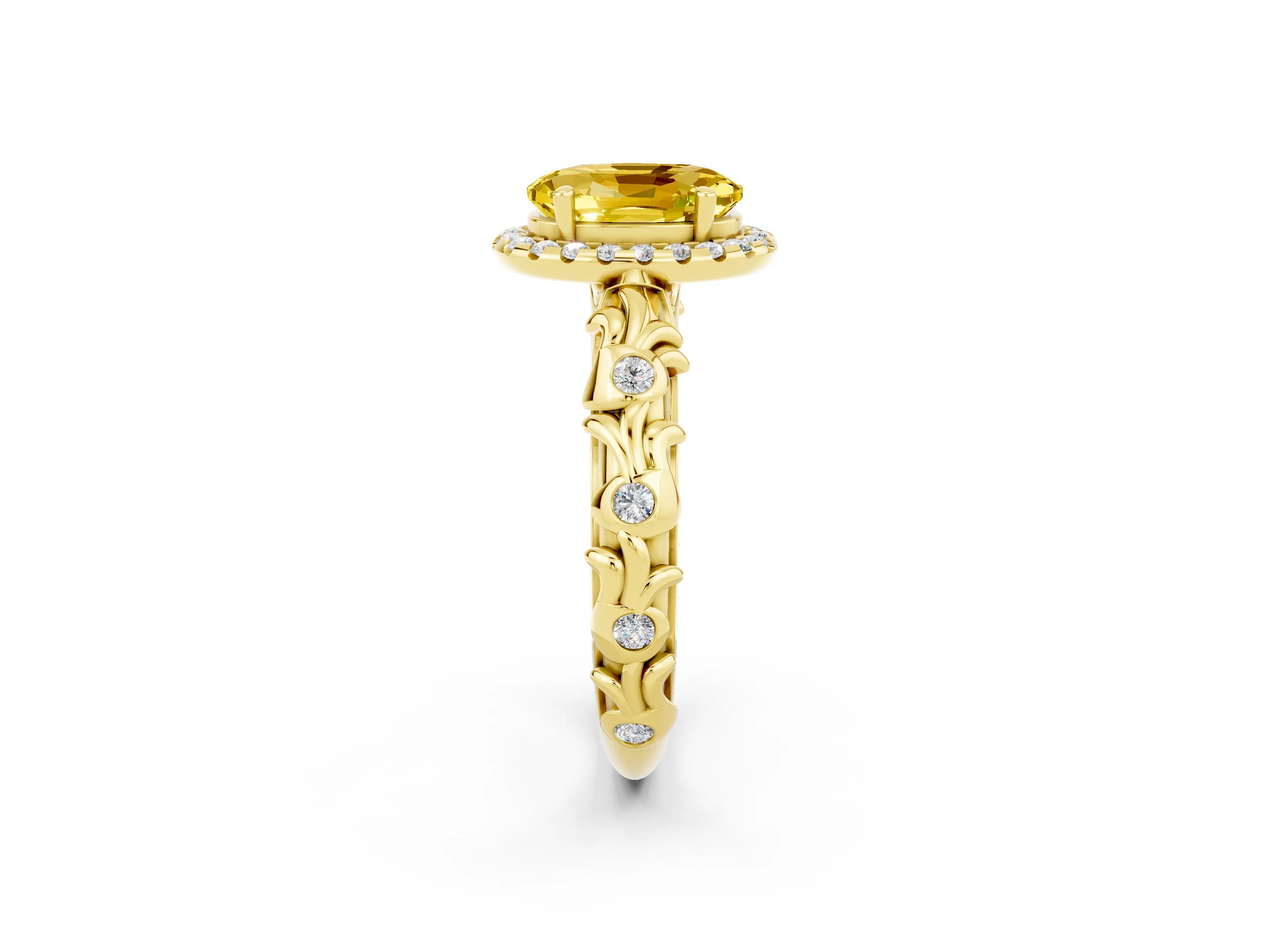 Yellow gold Oval Cut Halo Diamond Solitaire with Filigree Band and Four-Prong Setting_2