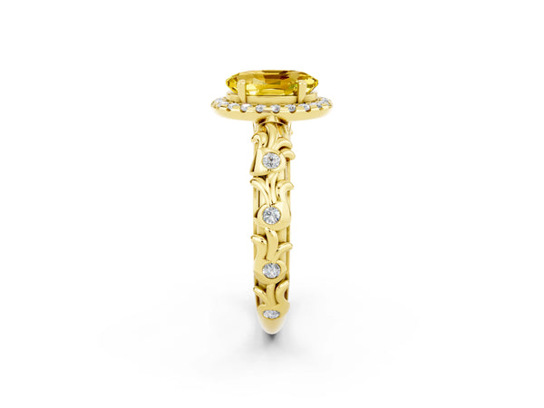 Yellow gold Oval Cut Yellow Sapphire Halo Ring with Filigree Band and Prong Setting