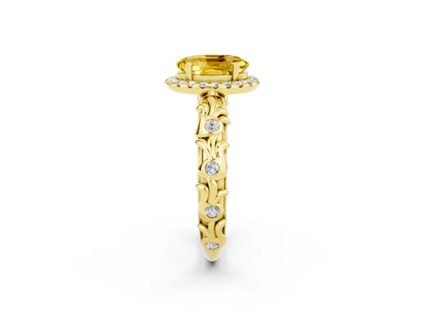 Yellow gold Oval Cut Halo Diamond Solitaire with Filigree Band and Four-Prong Setting_2