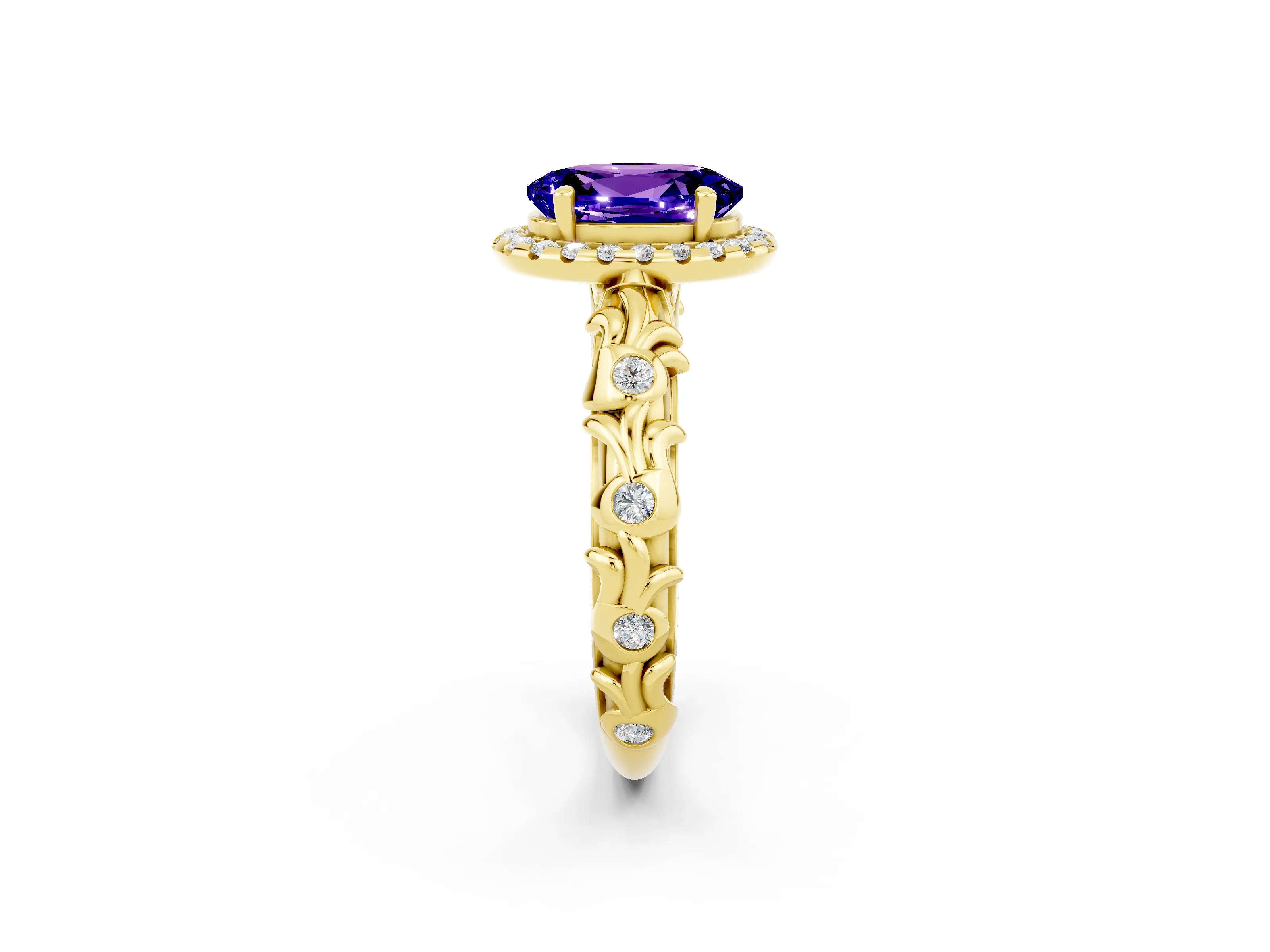 Yellow gold Oval Cut Halo Diamond Solitaire with Filigree Band and Four-Prong Setting_2