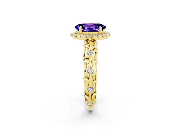 Yellow gold Oval Cut Tanzanite Halo Ring with Filigree Band and Prong Setting