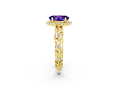 Yellow gold Oval Cut Halo Diamond Solitaire with Filigree Band and Four-Prong Setting_2