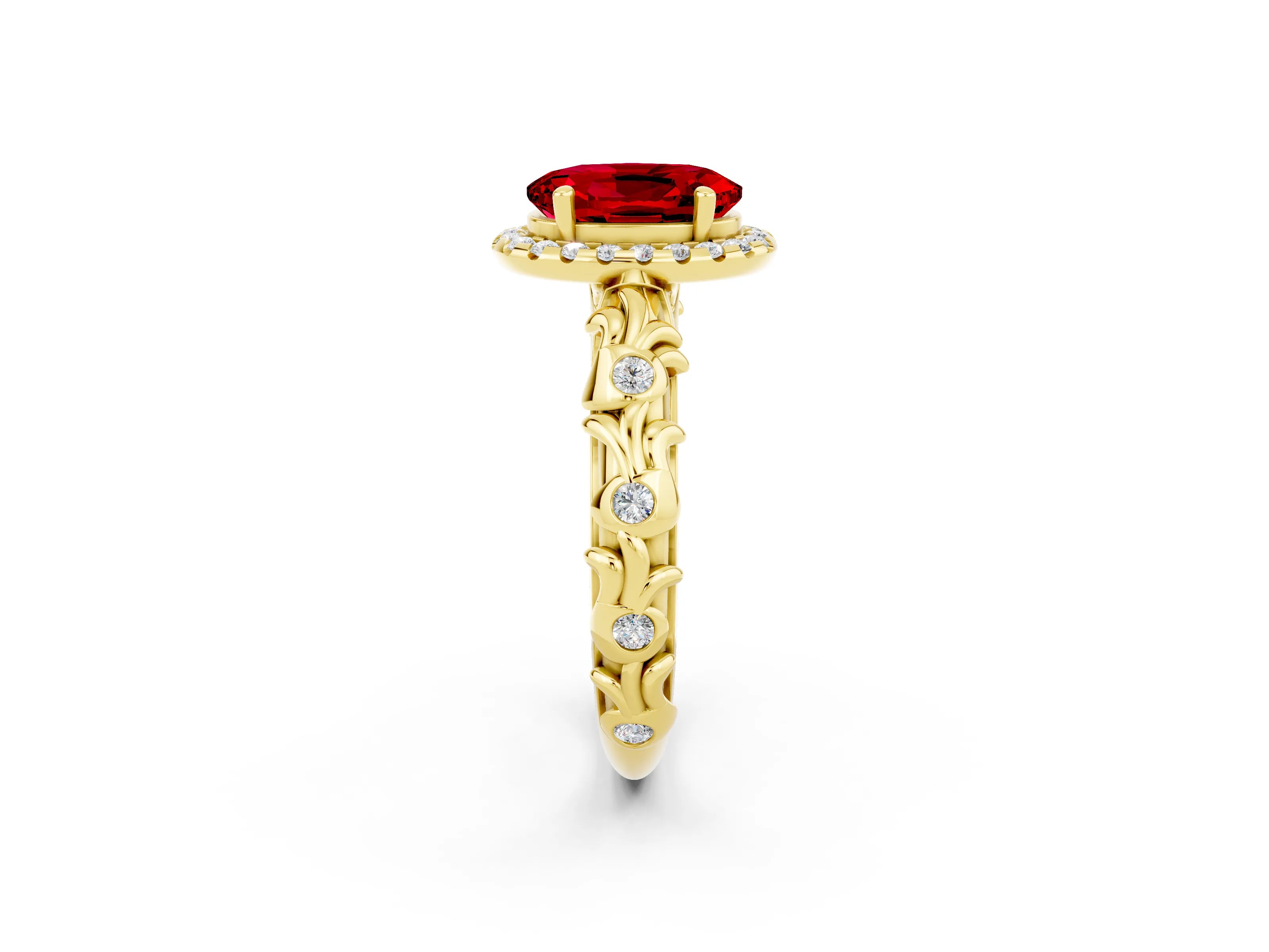 Yellow gold Oval Cut Halo Diamond Solitaire with Filigree Band and Four-Prong Setting_2