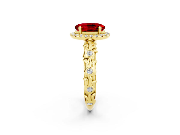 Yellow gold Oval Cut Ruby Halo Ring with Filigree Band and Prong Setting