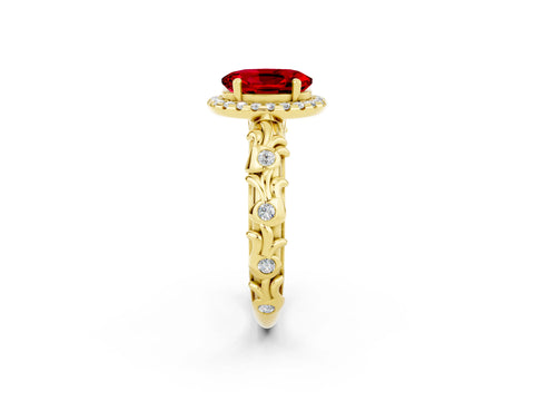 Yellow gold Oval Cut Halo Diamond Solitaire with Filigree Band and Four-Prong Setting_2