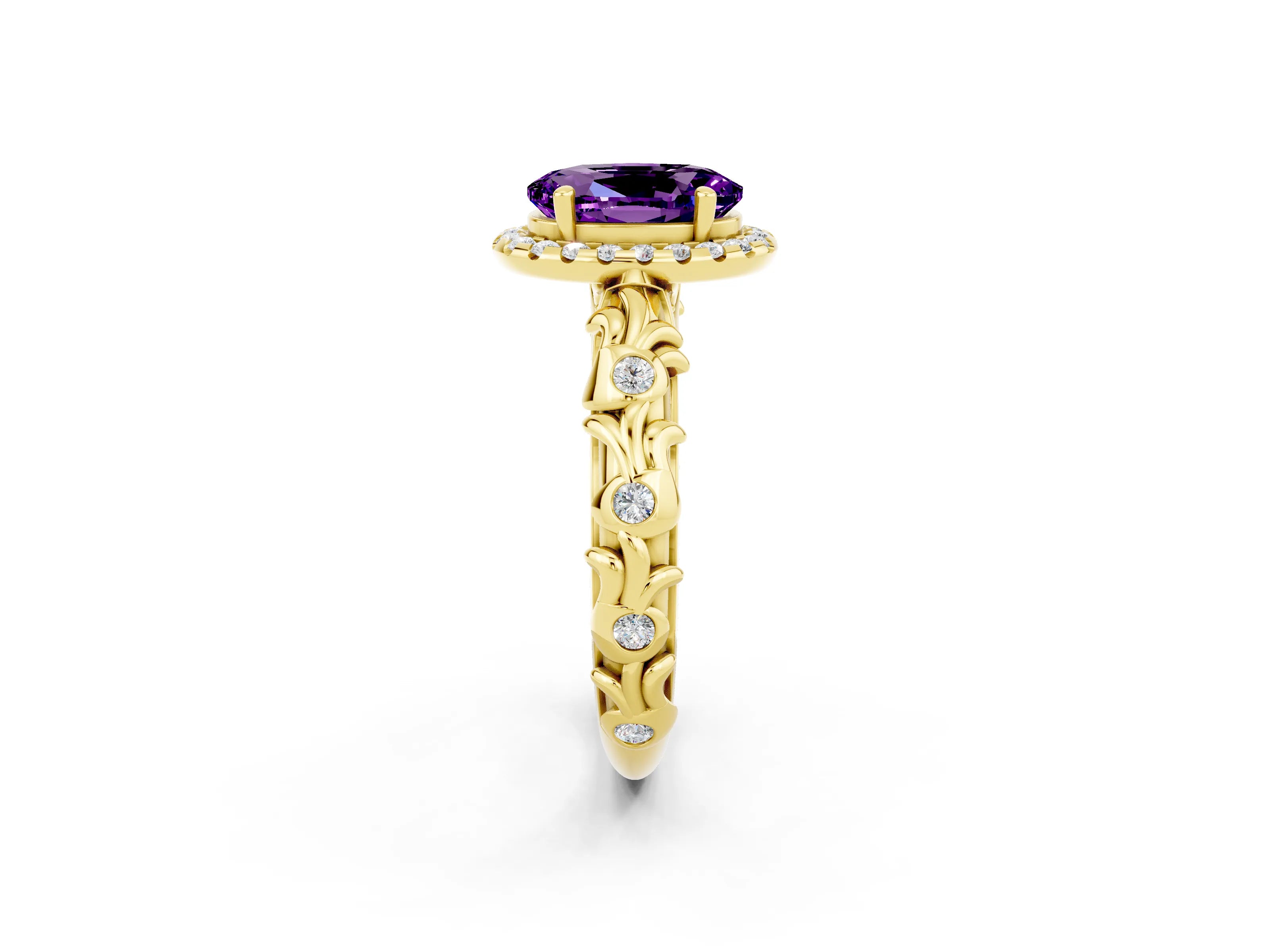 Yellow gold Oval Cut Halo Diamond Solitaire with Filigree Band and Four-Prong Setting_2
