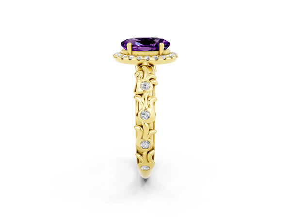Yellow gold Oval Cut Amethyst Halo Ring with Filigree Band and Prong Setting