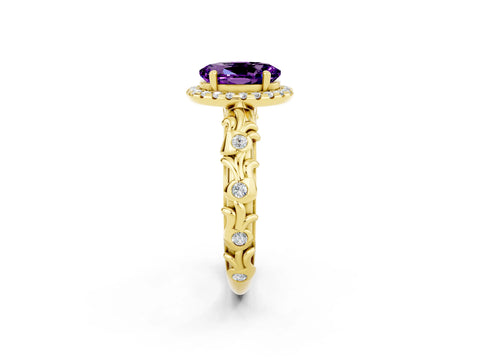 Yellow gold Oval Cut Halo Diamond Solitaire with Filigree Band and Four-Prong Setting_2