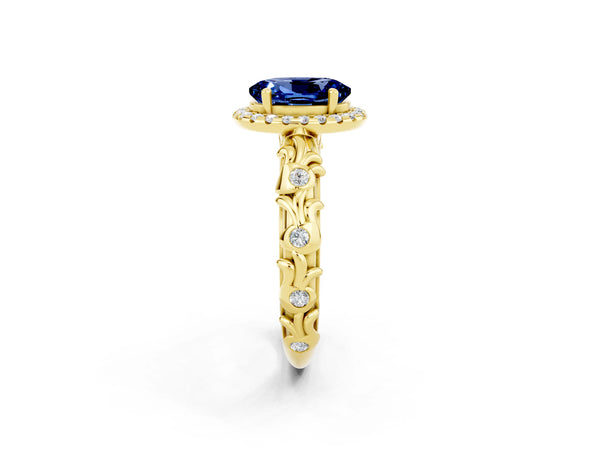 Yellow gold Oval Cut Blue Sapphire Halo Ring with Filigree Band and Prong Setting