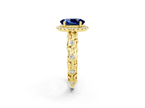 Yellow gold Oval Cut Halo Diamond Solitaire with Filigree Band and Four-Prong Setting_2