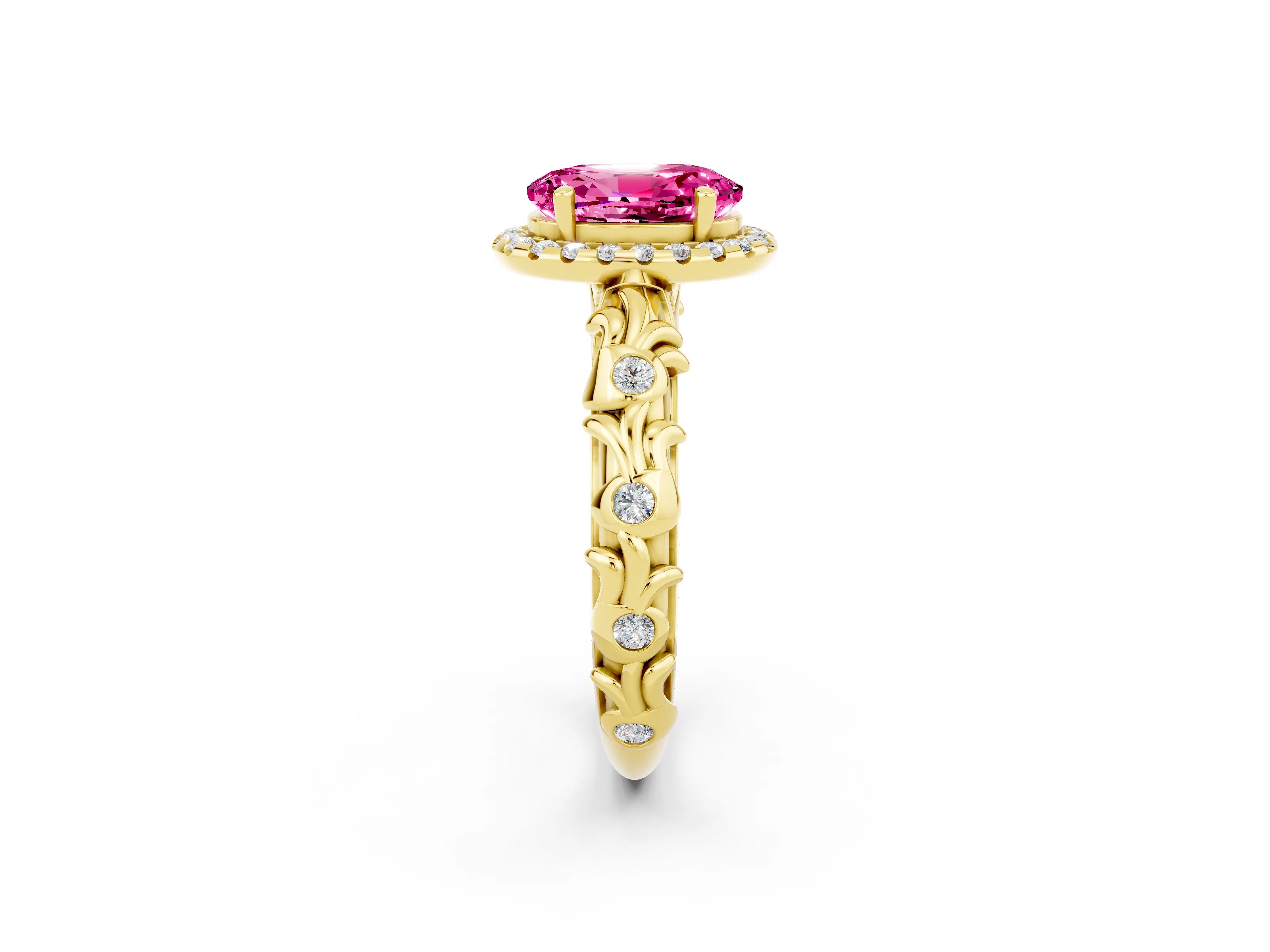 Yellow gold Oval Cut Halo Diamond Solitaire with Filigree Band and Four-Prong Setting_2