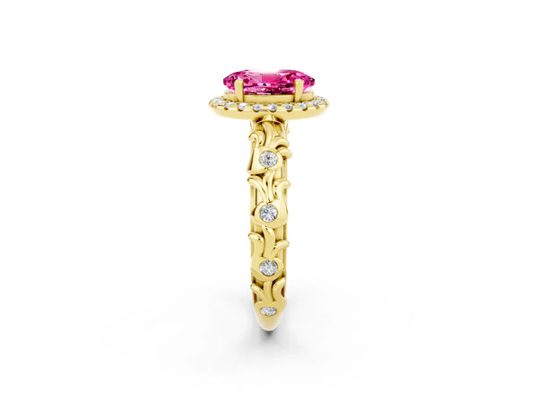 Yellow gold Oval Cut Pink Sapphire Halo Ring with Filigree Band and Prong Setting