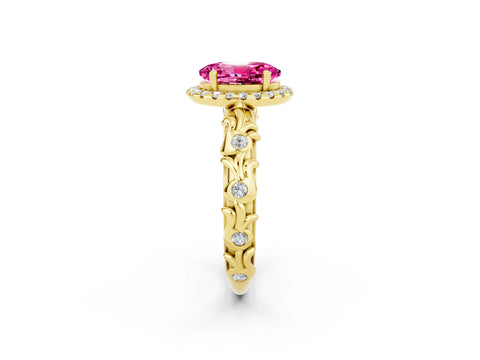 Yellow gold Oval Cut Halo Diamond Solitaire with Filigree Band and Four-Prong Setting_2