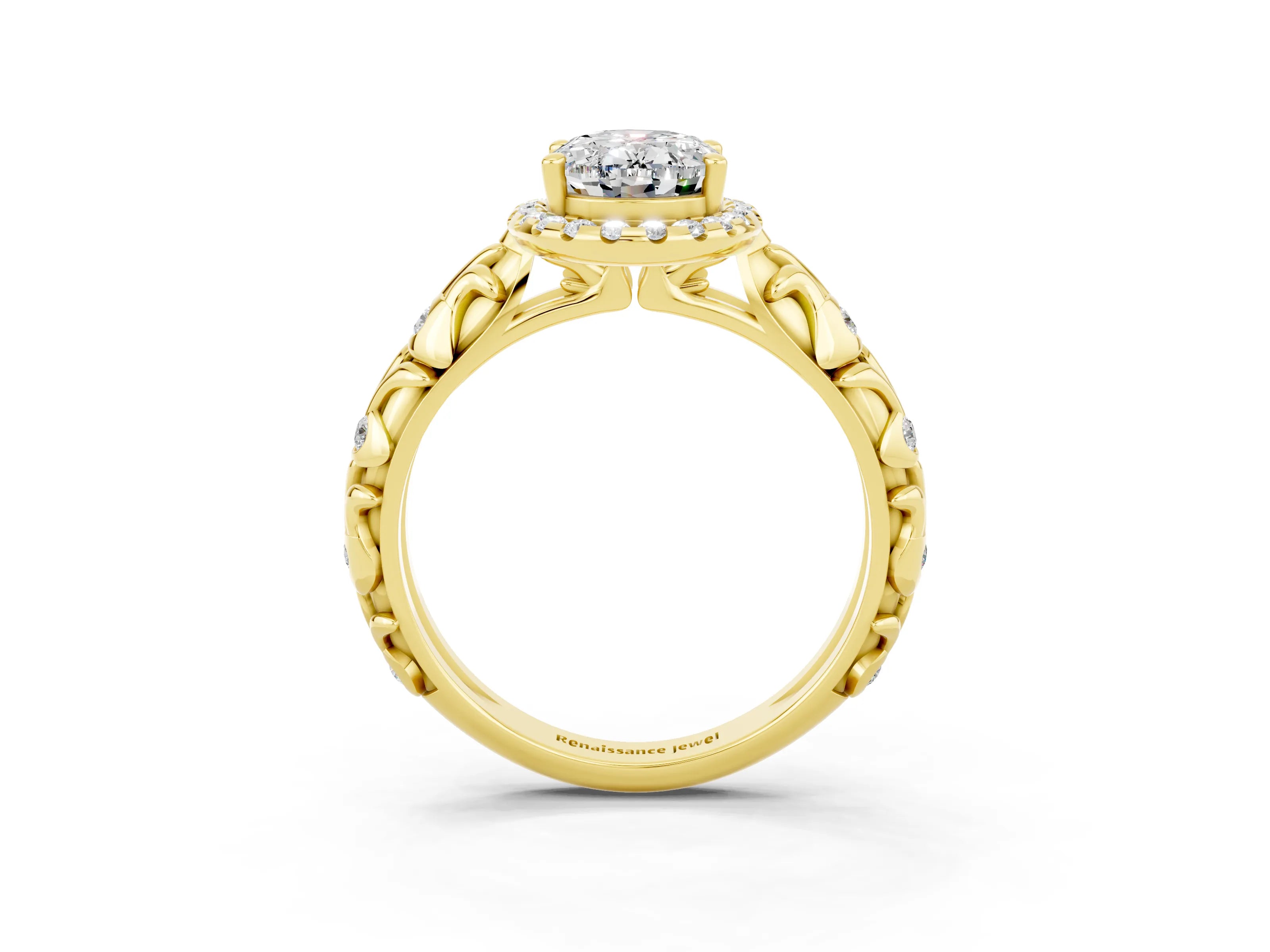 Yellow gold Oval Cut Halo Diamond Solitaire with Filigree Band and Four-Prong Setting_3