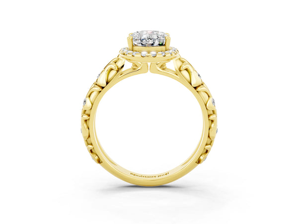 Yellow gold Oval Cut Moissanite Halo Ring with Filigree Band and Prong Setting