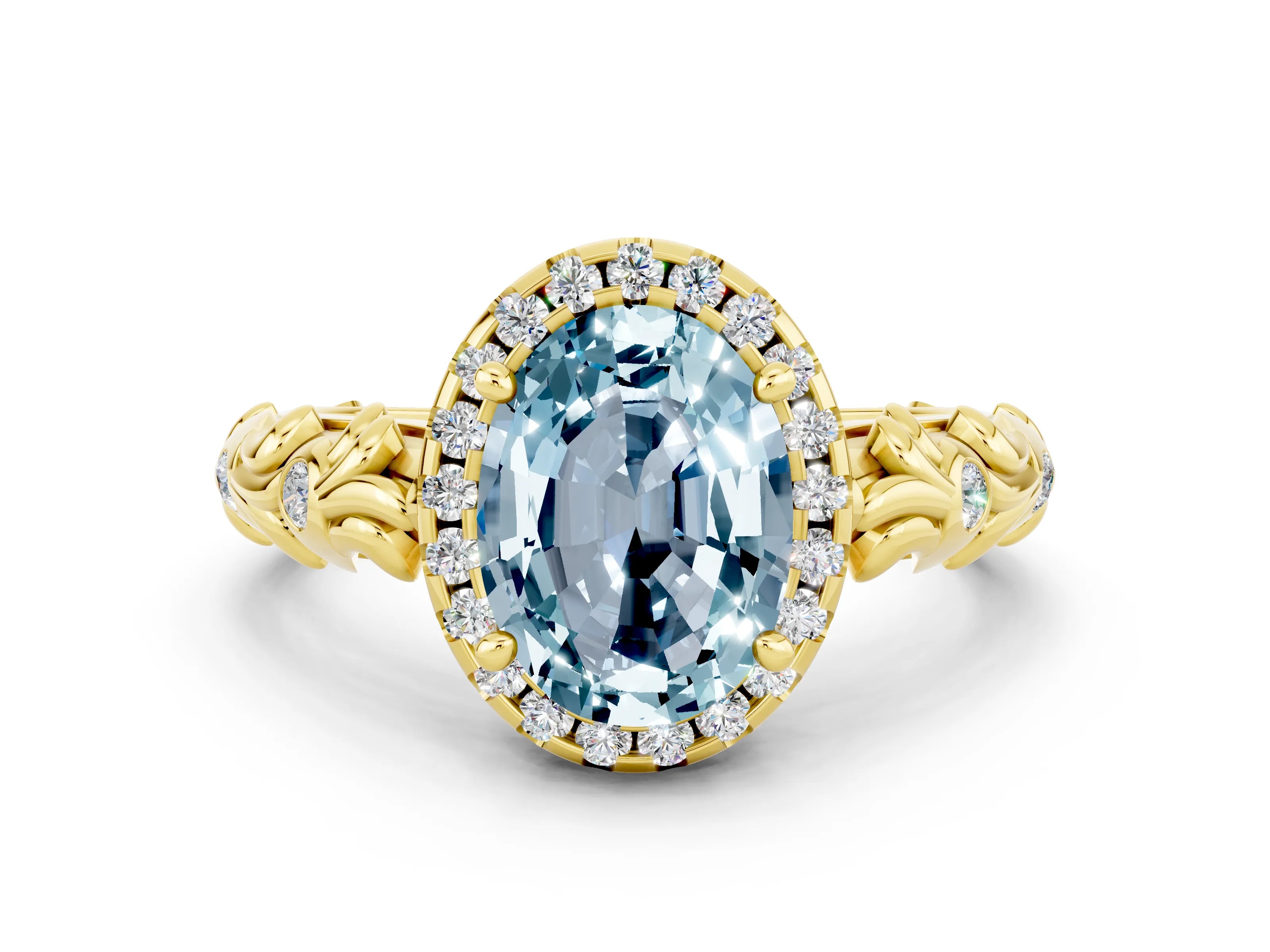 Yellow gold Oval Cut Halo Diamond Solitaire with Filigree Band and Four-Prong Setting