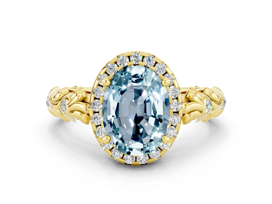 Yellow gold Oval Cut Halo Diamond Solitaire with Filigree Band and Four-Prong Setting