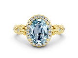 Yellow gold Oval Cut Halo Diamond Solitaire with Filigree Band and Four-Prong Setting