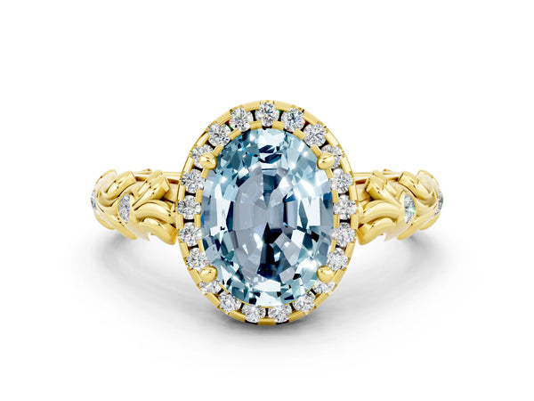 Yellow gold Oval Cut Aquamarine Halo Ring with Filigree Band and Prong Setting