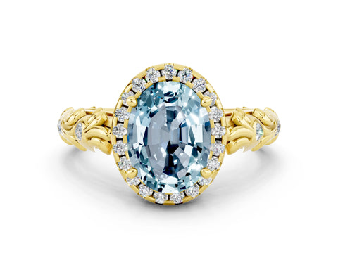 Yellow gold Oval Cut Halo Diamond Solitaire with Filigree Band and Four-Prong Setting