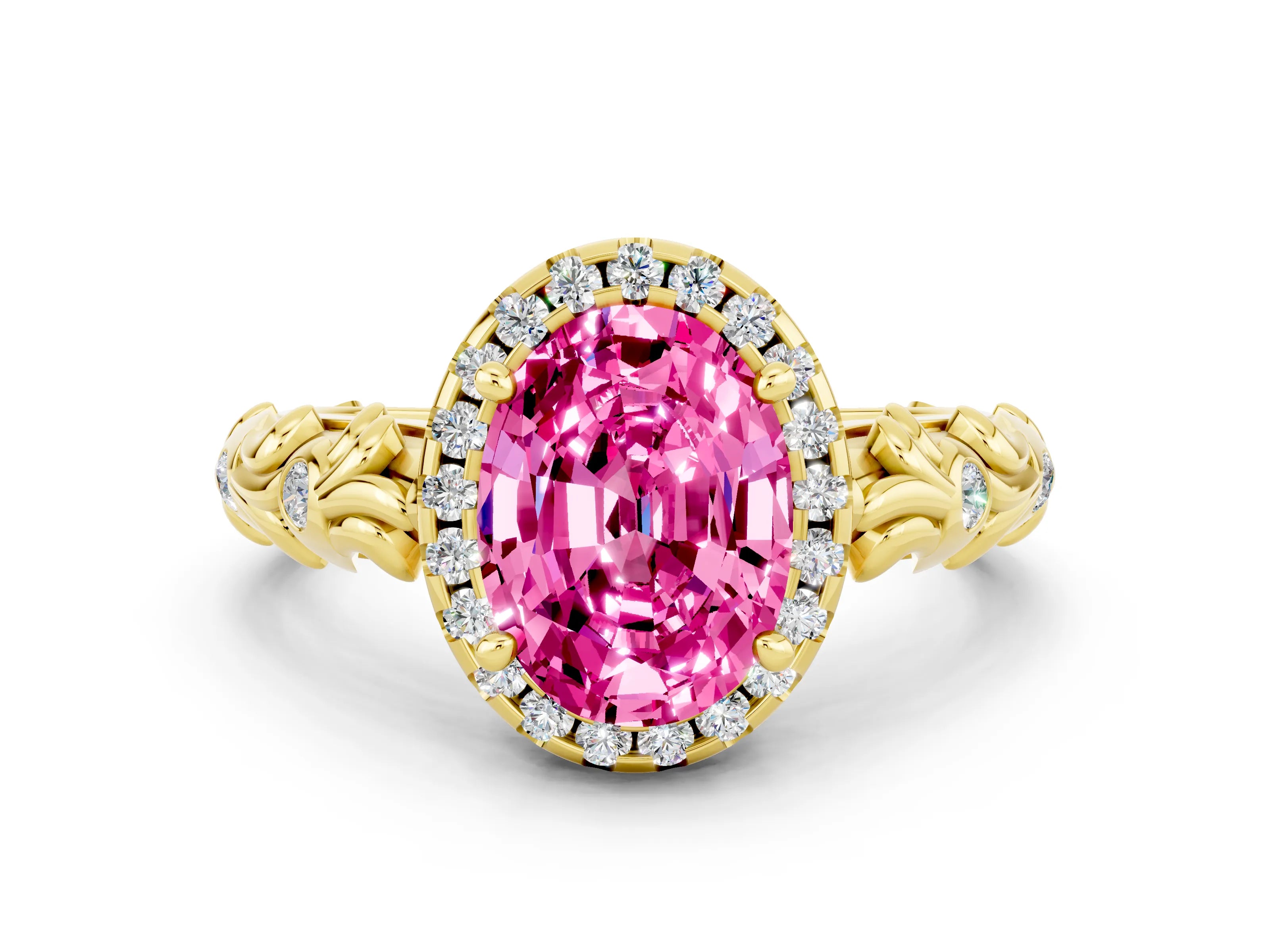 Yellow gold Oval Cut Halo Diamond Solitaire with Filigree Band and Four-Prong Setting