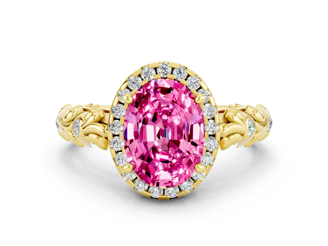 Yellow gold Oval Cut Halo Diamond Solitaire with Filigree Band and Four-Prong Setting