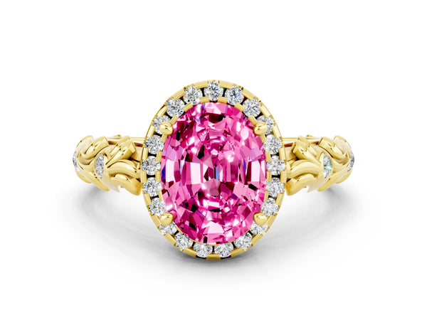 Yellow gold Oval Cut Pink Sapphire Halo Ring with Filigree Band and Prong Setting