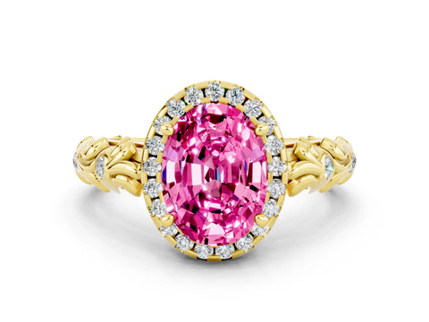 Yellow gold Oval Cut Halo Diamond Solitaire with Filigree Band and Four-Prong Setting