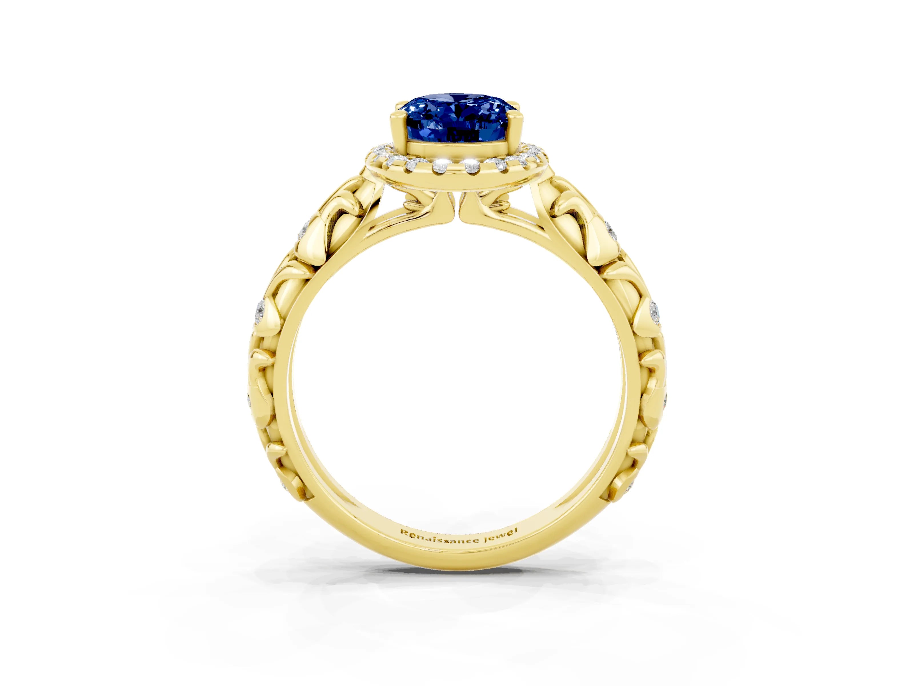 Yellow gold Oval Cut Halo Diamond Solitaire with Filigree Band and Four-Prong Setting_3