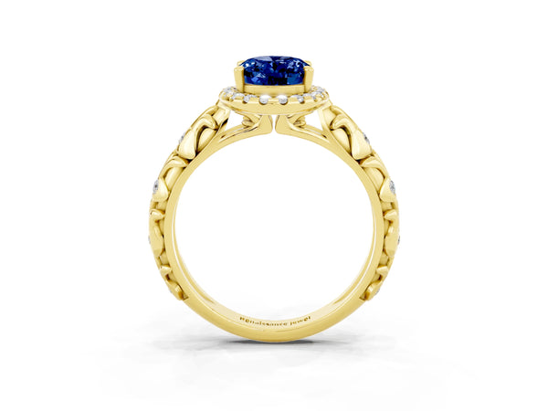 Yellow gold Oval Cut Blue Sapphire Halo Ring with Filigree Band and Prong Setting