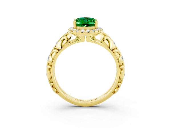 Yellow gold Oval Cut Emerald Halo Ring with Filigree Band and Prong Setting