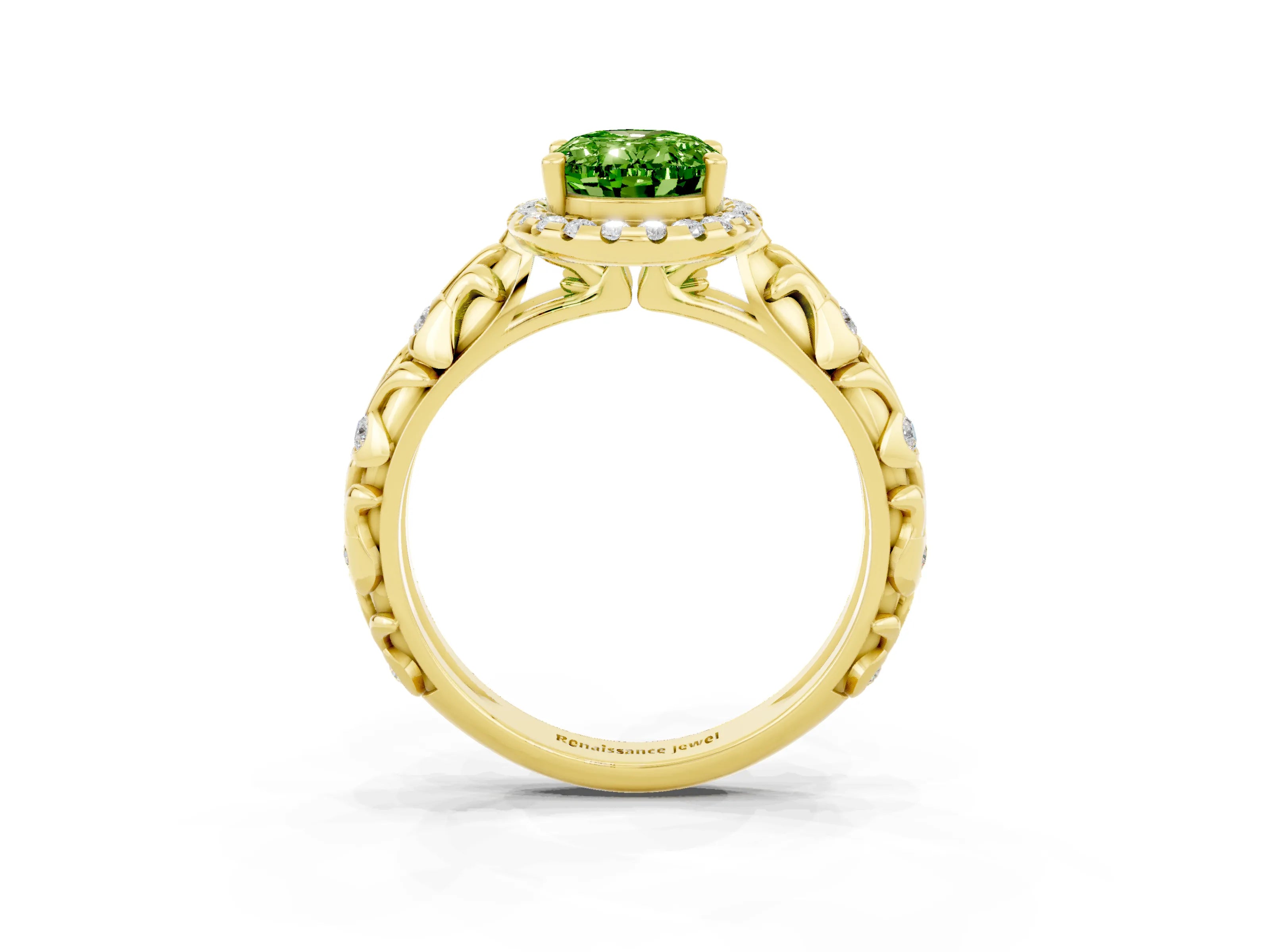 Yellow gold Oval Cut Halo Diamond Solitaire with Filigree Band and Four-Prong Setting_3