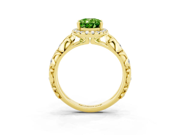 Yellow gold Oval Cut Peridot Halo Ring with Filigree Band and Prong Setting