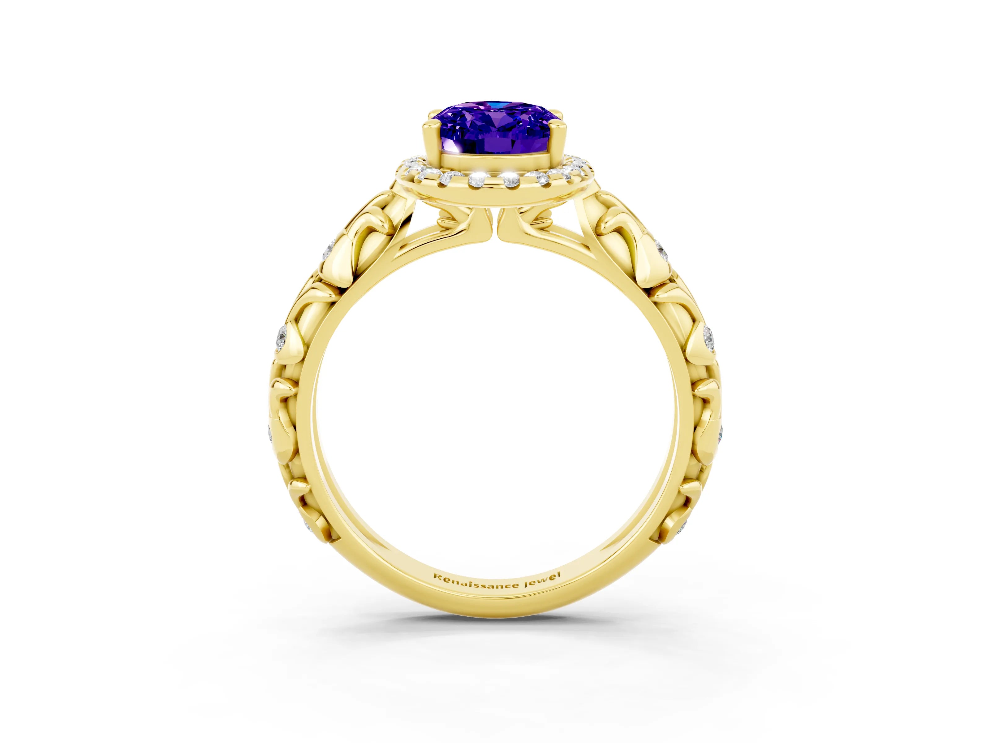 Yellow gold Oval Cut Halo Diamond Solitaire with Filigree Band and Four-Prong Setting_3