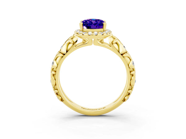 Yellow gold Oval Cut Tanzanite Halo Ring with Filigree Band and Prong Setting