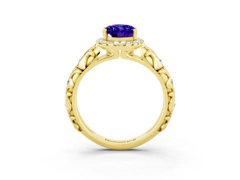 Yellow gold Oval Cut Halo Diamond Solitaire with Filigree Band and Four-Prong Setting_3