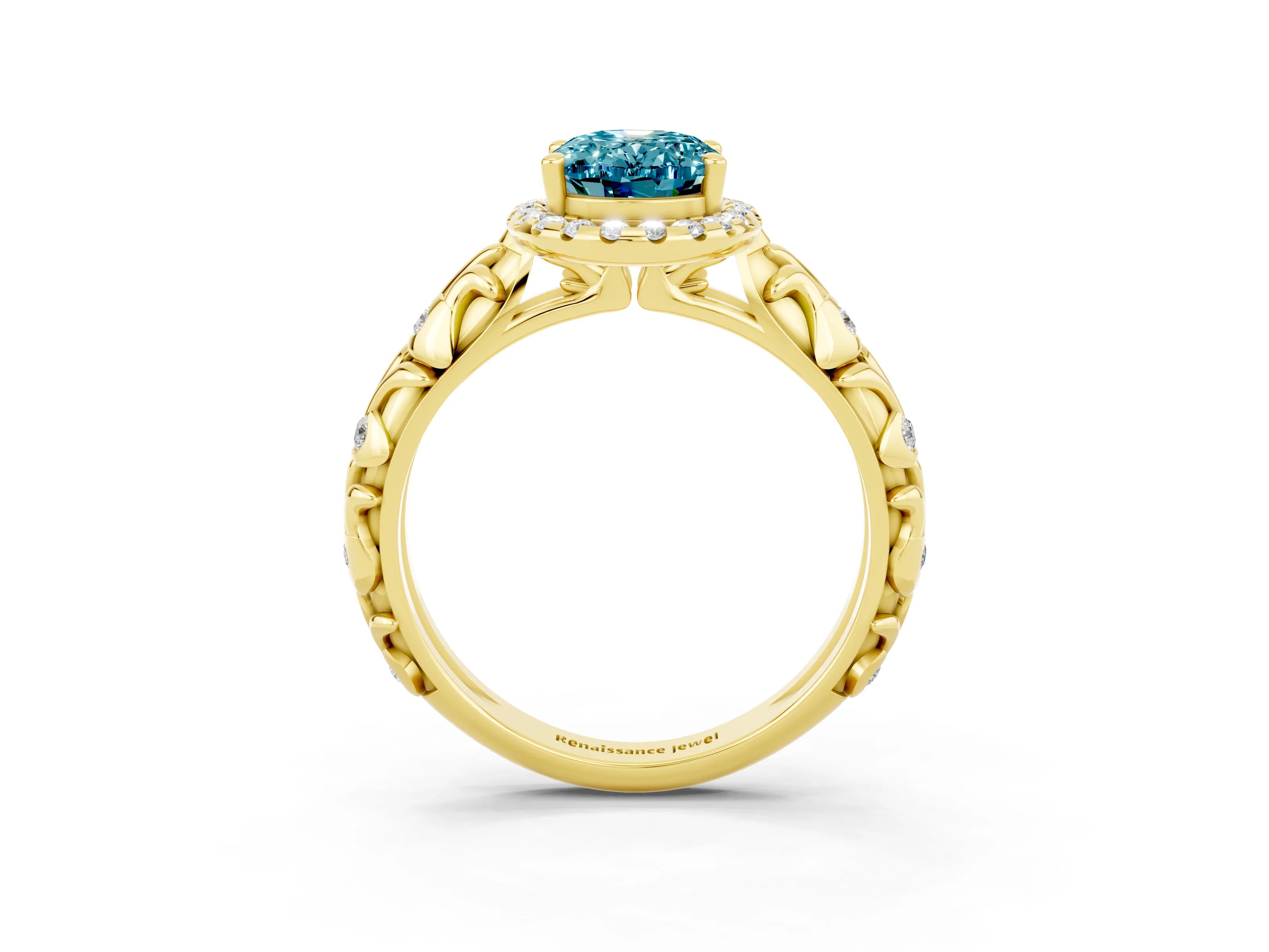 Yellow gold Oval Cut Halo Diamond Solitaire with Filigree Band and Four-Prong Setting_3