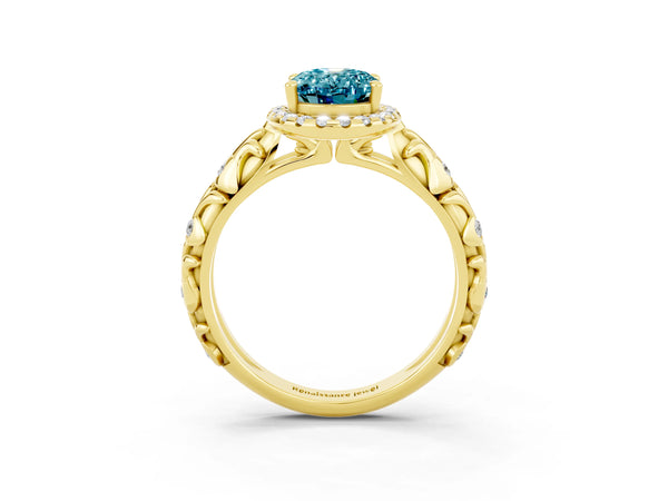 Yellow gold Oval Cut Halo Diamond Solitaire with Filigree Band and Four-Prong Setting