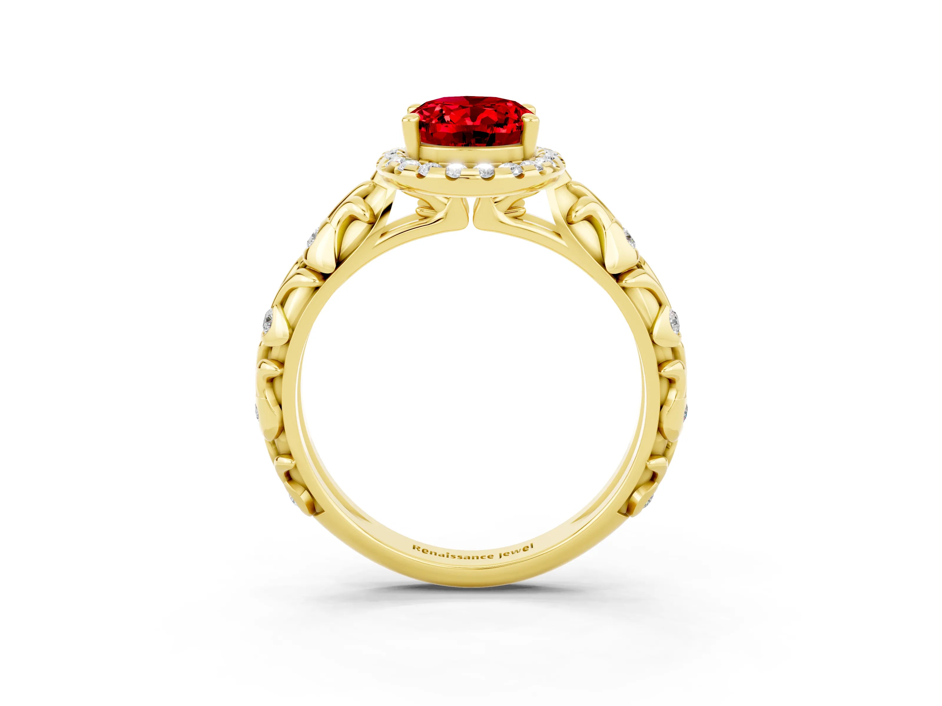 Yellow gold Oval Cut Halo Diamond Solitaire with Filigree Band and Four-Prong Setting_3